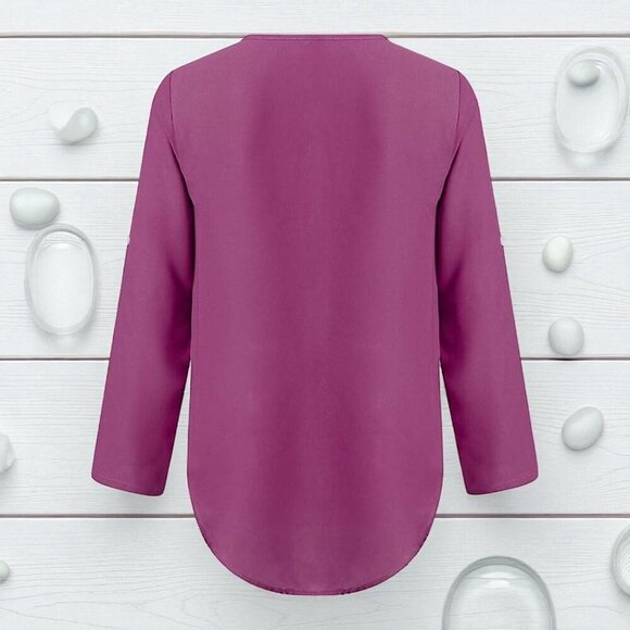 🆕️Ultra-Chic Purple V-Neck Blouse with Zip Detail & Roll-Up Sleeves Trendy 💜✨ - Picture 6 of 13